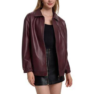 Women's Burgundy Faux Leather Zip-Up Jacket with Elastic Cuffs and Collar